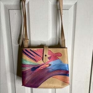 The Sak Tan and Pink Crossbody Bag with Artistic Design